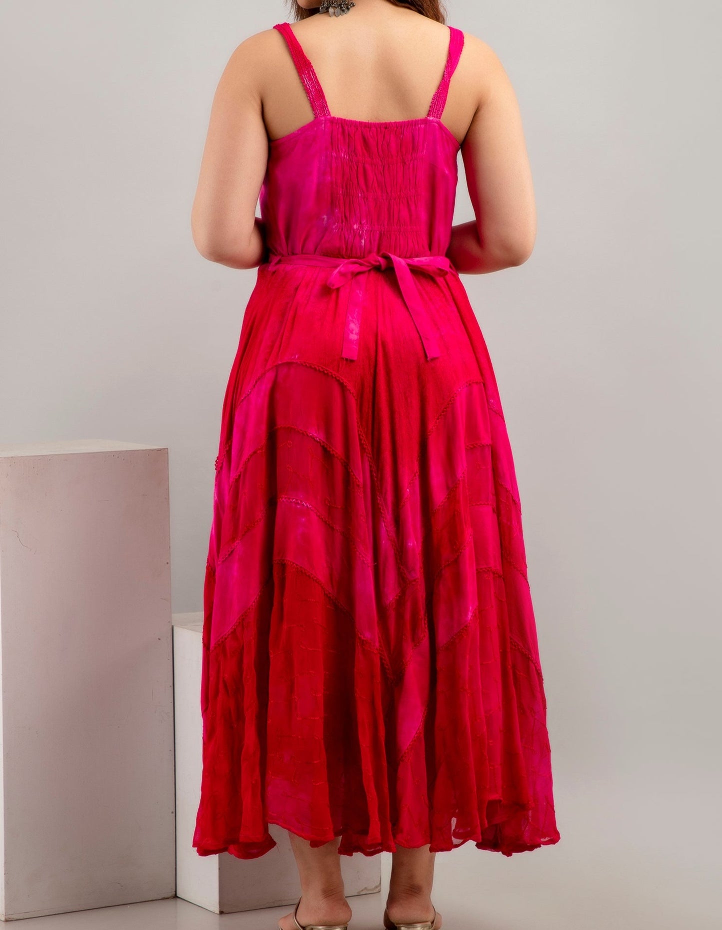 Lace up Full Length Dress - Magenta Pink
