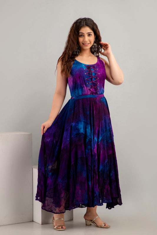 Lace up Full Length Dress - Purple Multi