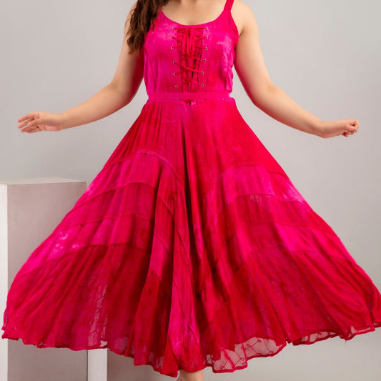 Lace up Full Length Dress - Magenta Pink