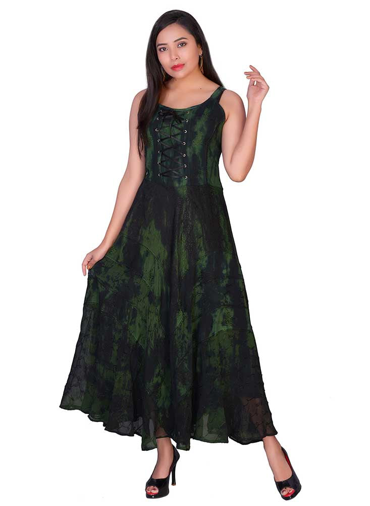 Lace up Full Length Dress - Forest Green